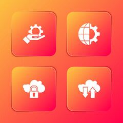 Set Hand settings gear, Globe of the Earth, Cloud computing lock and download upload icon. Vector