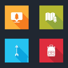 Set Location of the forest, , Hipster arrow and Hiking backpack icon. Vector