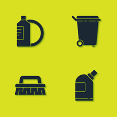 Set Dishwashing liquid bottle and plate, Bottles for cleaning agent, Brush and Trash can icon. Vector