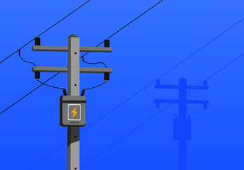 Cement high voltage electric pole and transformer with blue background flat vector. - obrazy, fototapety, plakaty