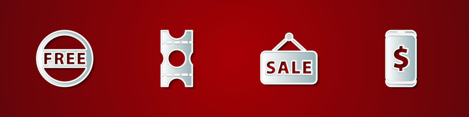 Set Price tag with Free, Coupon, Hanging sign Sale and Smartphone dollar icon. Vector