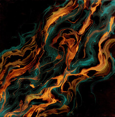 Fire. Flame. Background abstraction texture. Illuminate illustration of liquid acrylic resin. Divorces and smooth lines of paint, colors. Pearl modulations. Epoxy. Design of posters, wallpapers.