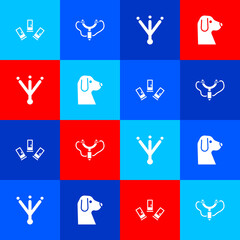 Set Cartridges, Slingshot, Bird footprint and Dog icon. Vector
