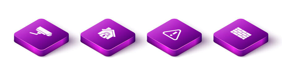 Set Isometric Security camera, House under protection, Exclamation mark in triangle and Firewall, security wall icon. Vector