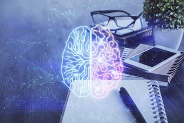 Double exposure of brain theme drawing and cell phone background. Concept of information