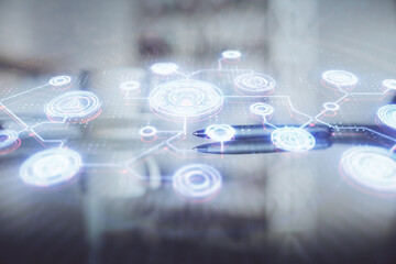 Double exposure of social network theme drawing hologram over coffee cup background in office. Concept people connection.