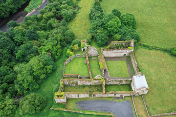Fototapeta na wymiar Aerial view of Bridgetown Abbey, a 13th-century Augustinian monastery of the Canons Regular of St. Victor in Castletownroche, County Cork, Ireland