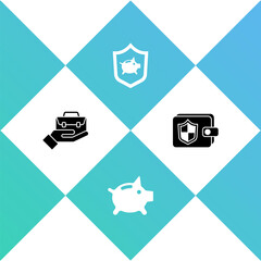 Set Hand holding briefcase, Piggy bank, with shield and Wallet icon. Vector