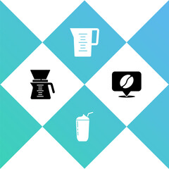 Set Pour over coffee maker, Milkshake, Jug glass with water and Location coffee bean icon. Vector