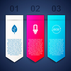 Set Tree, LED light bulb and Label for eco healthy food. Business infographic template. Vector