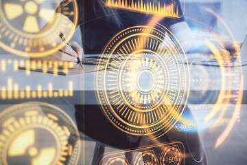 Double exposure of woman hands typing on computer and technology theme drawing. High Tech concept.