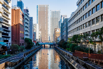 Fototapeta na wymiar 百代橋（東京都港区芝浦）から新芝南運河の向こうに芝浦アイランド