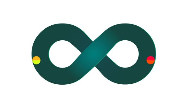Animation of the movement of spinning circles along the infinity symbol. On a white background and transparent with an alpha channel. Dynamic motion concept with looping, perpetual motion machine.