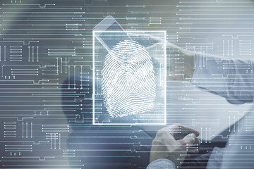 Double exposure of man's hands holding and using a digital device and fingerprint hologram drawing. Security concept.