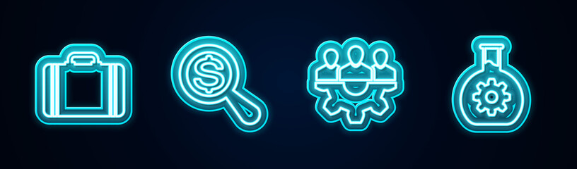 Set line Suitcase for travel, Magnifying glass and dollar, Project team base and Bioengineering. Glowing neon icon. Vector
