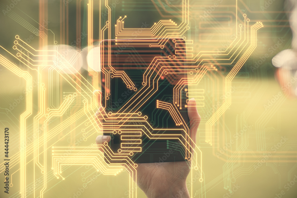Poster Double exposure of tech icon hologram and woman holding and using a mobile device. Technology concept.