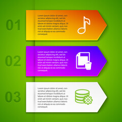 Set line Music note, tone, Delete file document, Setting database server and Dead mobile. Business infographic template. Vector