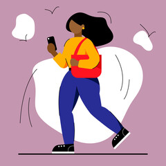 Black young girl walks with a bag and a phone in her hands. Vector flat illustration