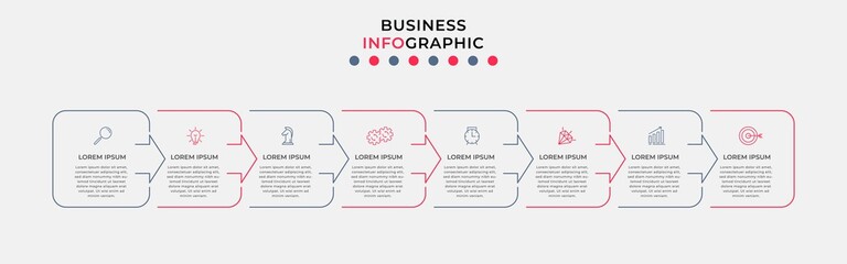 Vector Infographic design business template with icons and 8 options or steps. Can be used for process diagram, presentations, workflow layout, banner, flow chart, info graph
