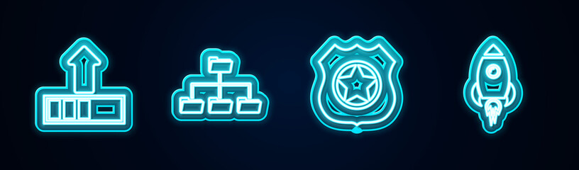 Set line Loading, Folder tree, Police badge and Rocket ship with fire. Glowing neon icon. Vector