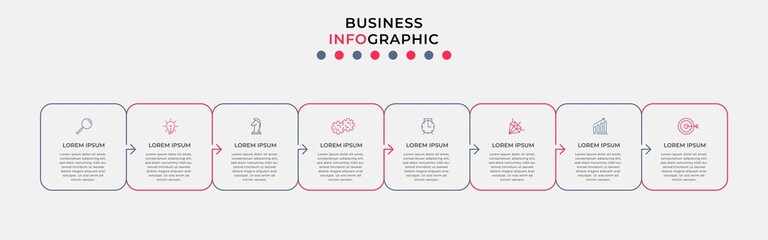 Vector Infographic design business template with icons and 8 options or steps. Can be used for process diagram, presentations, workflow layout, banner, flow chart, info graph