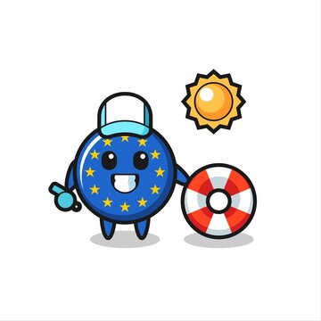 Cartoon mascot of europe flag badge as a beach guard