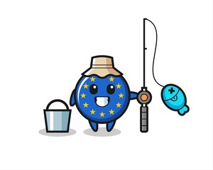Mascot character of europe flag badge as a fisherman