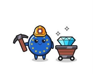 Character Illustration of europe flag badge as a miner