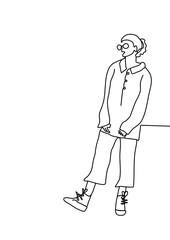 One continuous line drawing, women stand and think somethink 