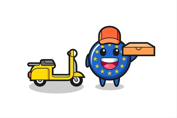 Character Illustration of europe flag badge as a pizza deliveryman