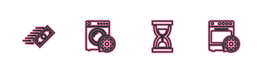 Set line Fast payments, Old hourglass with sand, Washer setting and Oven icon. Vector
