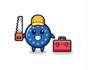 Illustration of europe flag badge character as a woodworker