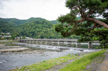 Fototapeta na wymiar long wooden bridge on the river in arashiyama, kyoto, japan 