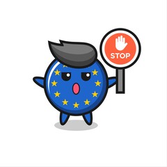europe flag badge character illustration holding a stop sign