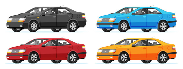 Passenger Car Side View. Sedan in Different Colors. Modern City Car Isolated. Colorful Urban Vehicles. Automobile Concept on White Background. Cartoon Flat Vector Illustration - obrazy, fototapety, plakaty