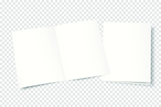 A4 mock up of an open and closed two-page booklet, brochure, magazine, book on transparent background. 3d vector illustration for your design.