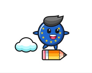 europe flag badge mascot illustration riding on a giant pencil