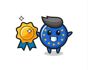 europe flag badge mascot illustration holding a golden badge