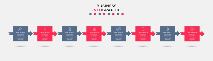 Vector Infographic design business template with icons and 8 options or steps. Can be used for process diagram, presentations, workflow layout, banner, flow chart, info graph