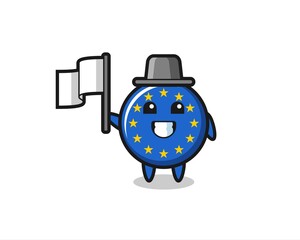 Fototapeta premium Cartoon character of europe flag badge holding a flag