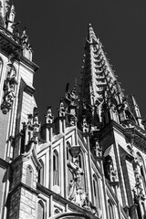 Black and white photo of old catholic church. Cathedral in black and white colours in sunny day. Saint Nicholas Cathedral
