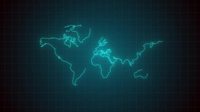 Colorful abstract world map line neon blazing glowing wiggle moving motion symbol sign on black background with  green grid line.