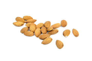 Almond nuts isolated on white background. Heap of scattered almonds