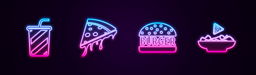 Set line Glass with water, Slice of pizza, Burger and Nachos in plate. Glowing neon icon. Vector