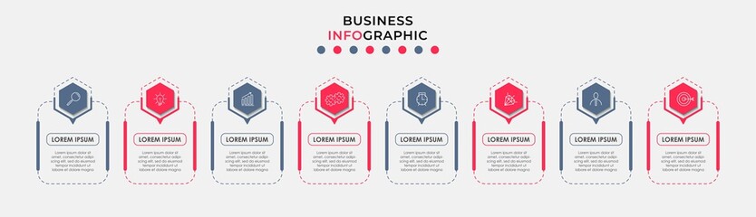 Vector Infographic design business template with icons and 8 options or steps. Can be used for process diagram, presentations, workflow layout, banner, flow chart, info graph