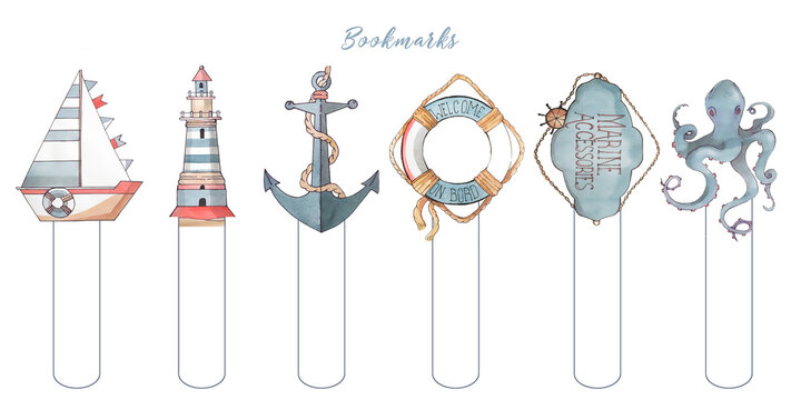 Watercolor marine set. Stickers, bookmarks. Anchor, lighthouse, wind rose, bell, shark, flag, a boat and octopus. Suitable for decorating books, postcards, children's parties, fabrics, wallpapers.