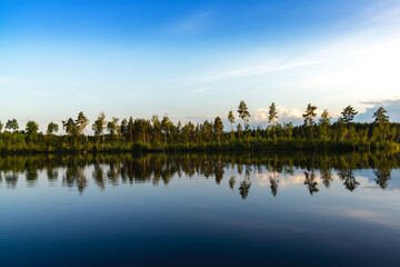 calm idyllic deep blue lake with forest on the shore and reflections of trees in the water