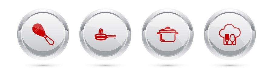 Set line Kitchen whisk, Frying pan, Cooking pot and Chef hat with fork and spoon. Silver circle button. Vector