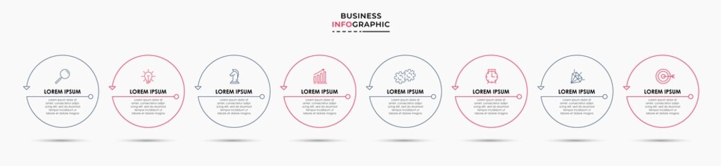 Vector Infographic design business template with icons and 8 options or steps. Can be used for process diagram, presentations, workflow layout, banner, flow chart, info graph