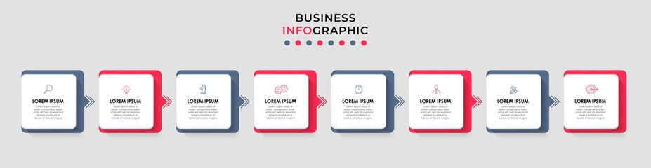 Vector Infographic design business template with icons and 8 options or steps. Can be used for process diagram, presentations, workflow layout, banner, flow chart, info graph